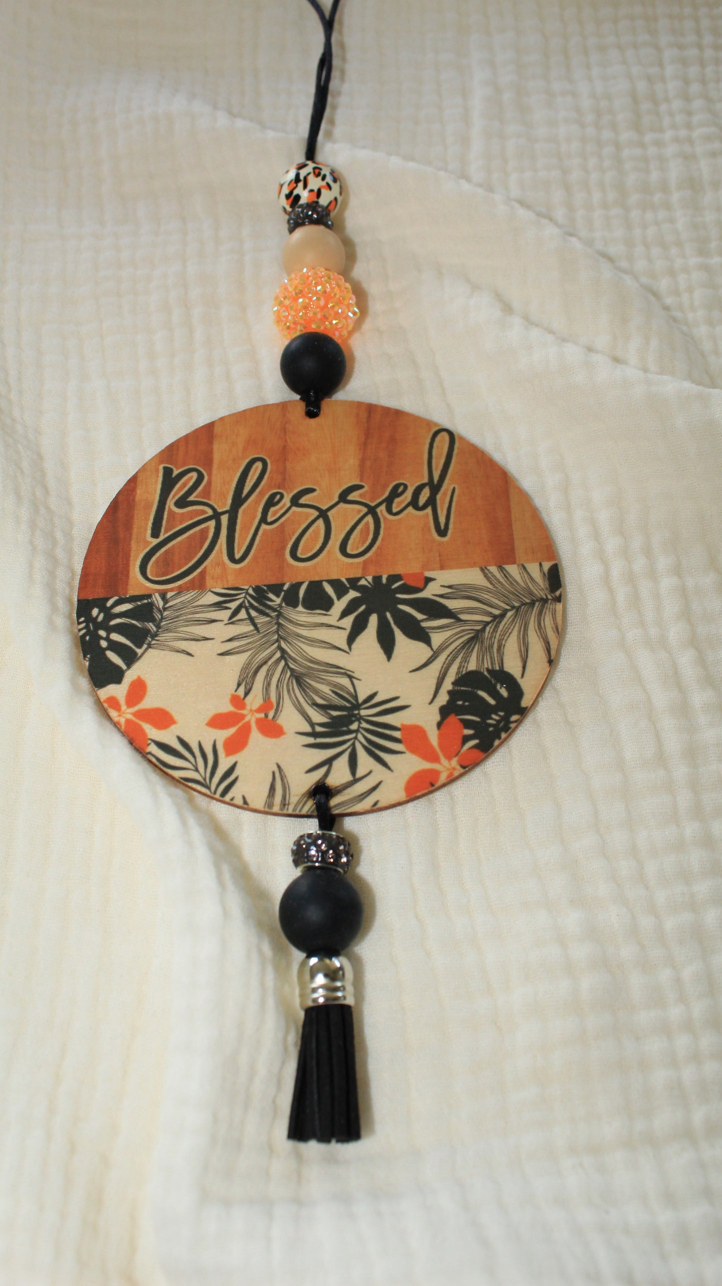 Black and Orange "Blessed" Car Charm