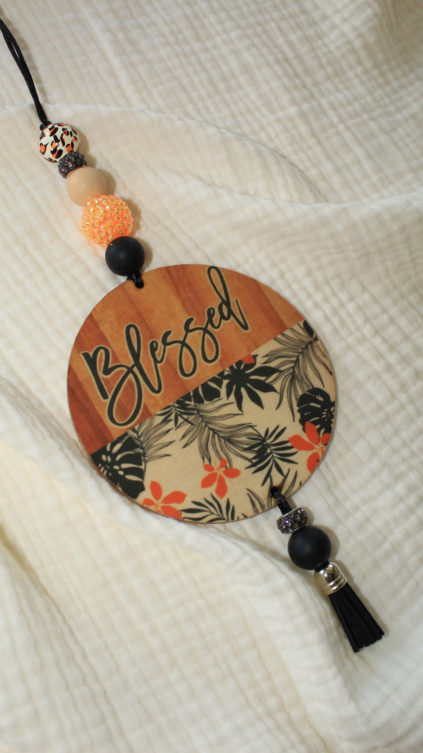 Black and Orange "Blessed" Car Charm